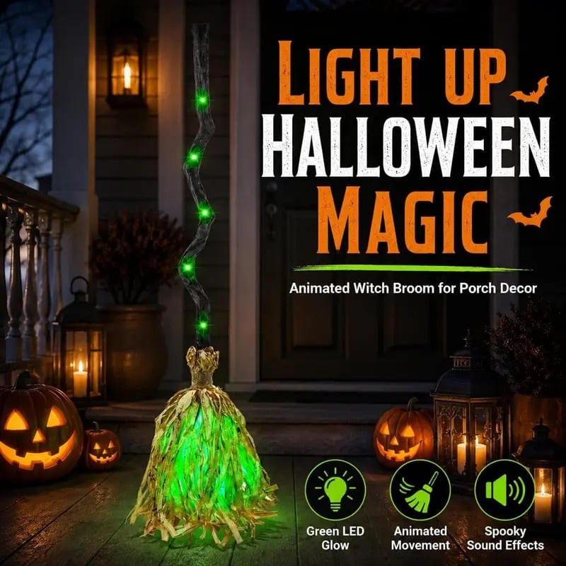 🎃DR.DUDU Witches Broom Halloween Decor - 35" Animated Light up Moving Broomstick